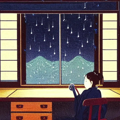 Prompt: An expressive painting by Hasui Kawase of a Japanese girl sat writing in a journal while wearing headphones illuminated by a desk lamp, in the background is a window overlooking a rainy night-time city, with a cat resting on the window cill, a relaxed and dreamy atmosphere, highly atmospheric with dynamic lighting, highly detailed, 8K