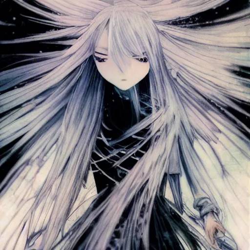 Image similar to Yoshitaka Amano dreamy and blurry illustration of an anime girl with white hair and cracks on her face wearing dress suit with tie fluttering in the wind, abstract black and white patterns on the background, head turned to the side, noisy film grain effect, highly detailed, Renaissance oil painting, weird portrait angle