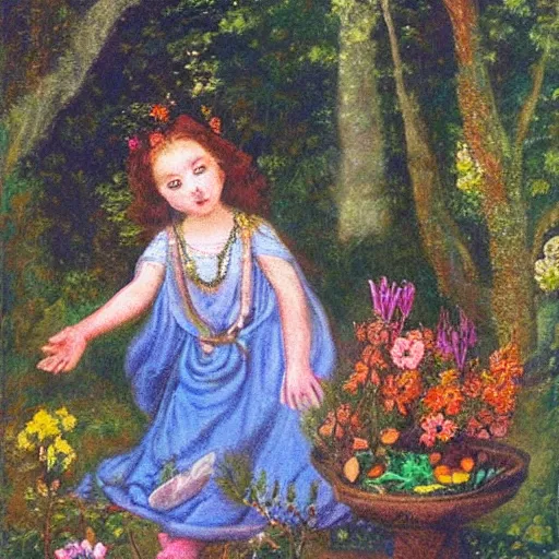 Image similar to “child girl goddess making a ritual with flowers in a magical forest, artwork”