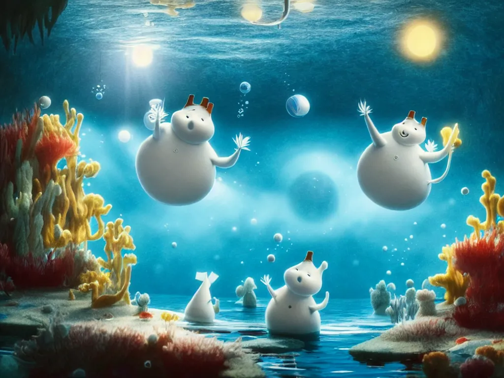 Prompt: underwater moomins discovering the water planet, photorealistic painting, cgi, low volumetric light, movie still, very cute and cozy and fluffy and sweet