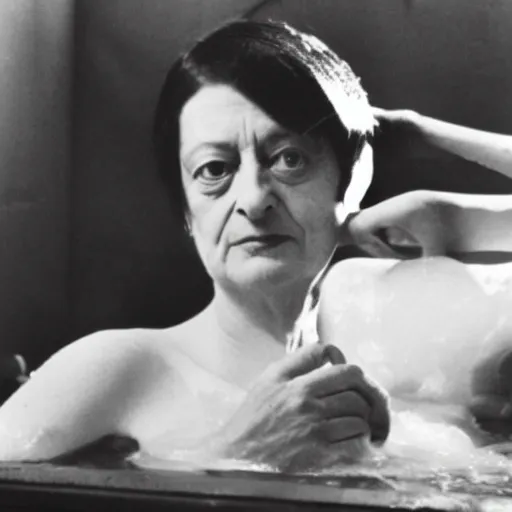 Image similar to a black and white hazy photo of Dorothy Parker in a bubble bath