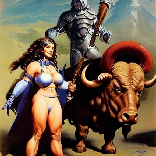Prompt: Joe Biden wearing a steel chestplate and holding a mace, human dressed as a bull, painting by frank frazetta