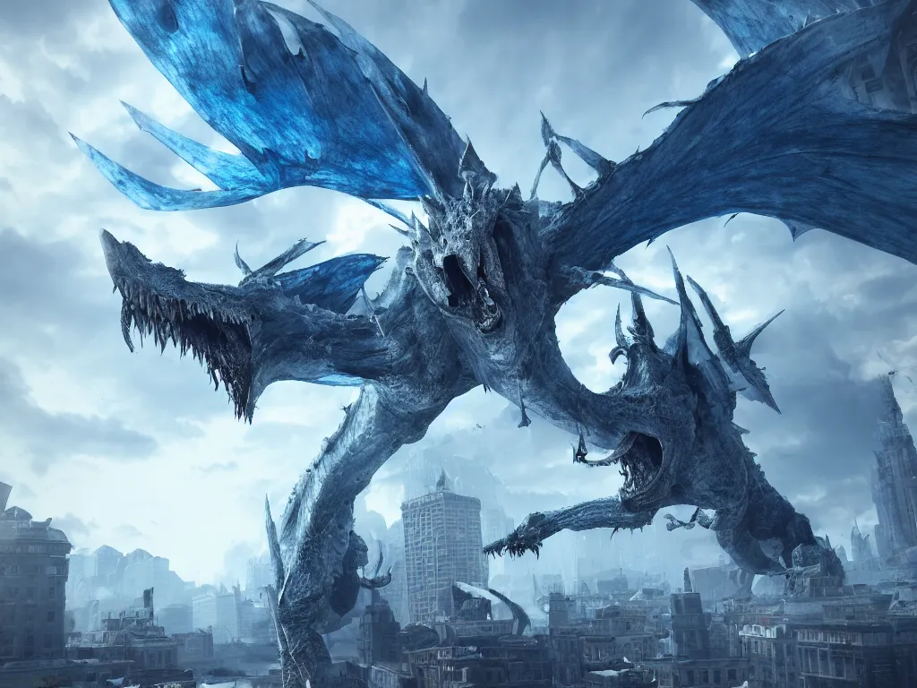 Image similar to a colossal ice wyvern destroying the city, epic composition, large scale, unreal engine 5, octane render, digital art, sharp focus, trending on artstation, action pose