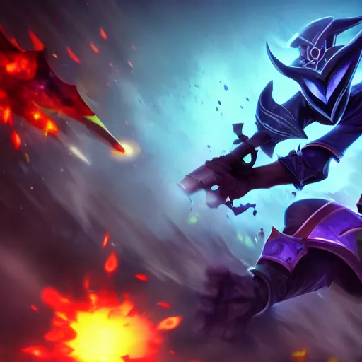 Image similar to Veigar from League of Legends holding a gun at Zed from League of Legends