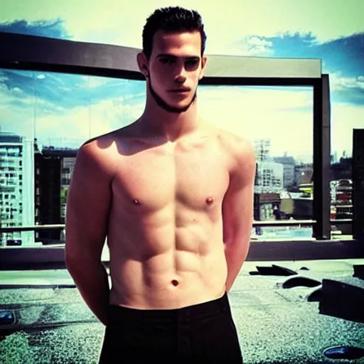 Image similar to “a realistic detailed photo of a guy who is an attractive humanoid who is half robot and half humanoid, who is a male android, Tyler Seguin, shiny skin, posing like a statue, blank stare”