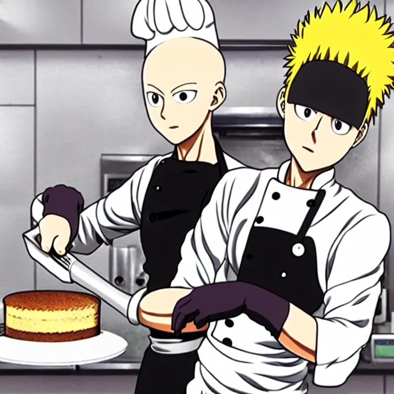 Image similar to chef saitama one punch man, dressed as a pastry chef, making a cake, anime artwork