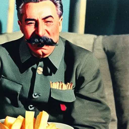 Image similar to stalin eats french fries with ketchup while smoking cigar