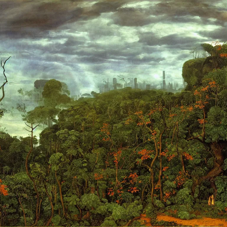 Image similar to Apocalypse with vegetation, leaves, creepers, ivy, ferns taking over the industrial, toxic, machinery, cities. Thunderstorm, autumn light. Painting by Caspar David Friedrich, Pontormo
