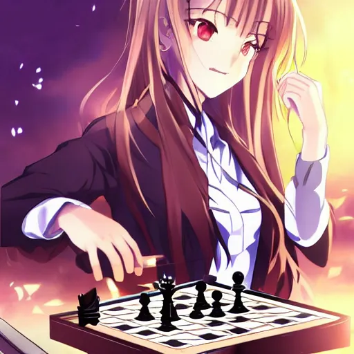 Prompt: beautiful anime girl playing chess, ufotable, official art, pixiv