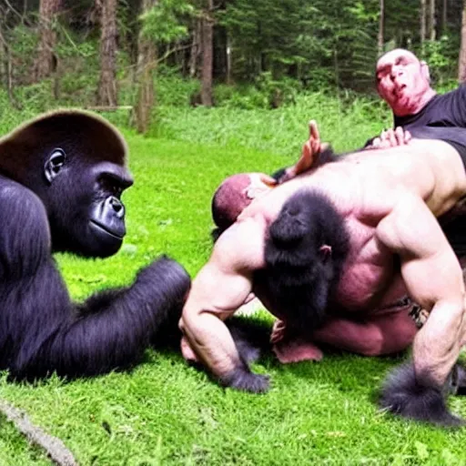 Image similar to joe rogan wrestling a gorilla in the dmt forest