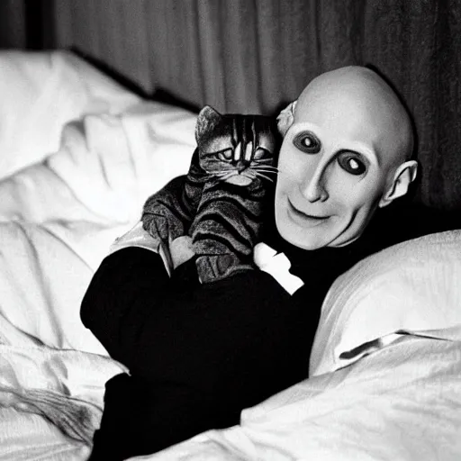 Image similar to count orlok cozy in bed, snuggling his kitty, very peaceful and relaxing photograph, black and white