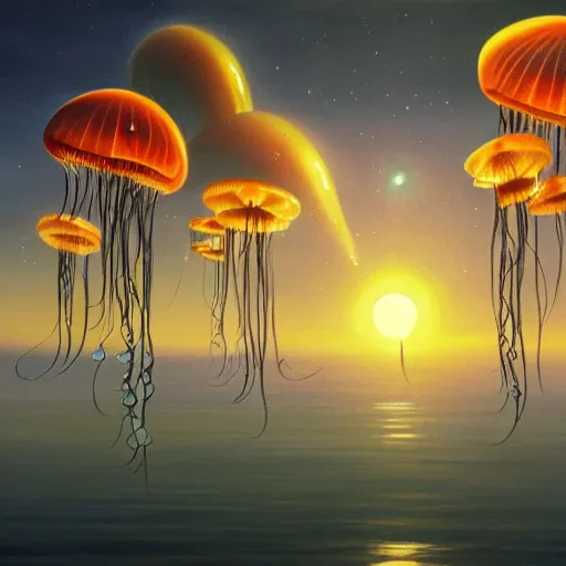 Prompt: a beautiful painting of a group of jellyfish fly in sunset by Angus Mckie, Trending on artstation