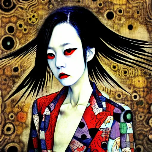 Prompt: yoshitaka amano blurred and dreamy realistic three quarter angle portrait of a woman with weird makeup and black eyes wearing dress suit with tie, junji ito abstract patterns in the background, satoshi kon anime, noisy film grain effect, highly detailed, renaissance oil painting, weird portrait angle, blurred lost edges