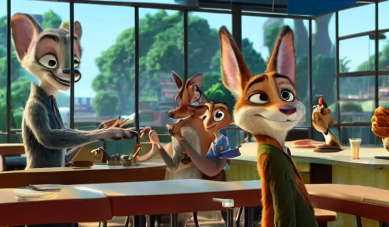 Image similar to A scene from Zootopia. Nick cries at the diner. Pixar Digital Movies