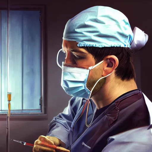 Image similar to surgeon in operation room smoking a bong, photorealistic painting, fanart, concept art, highly detailed