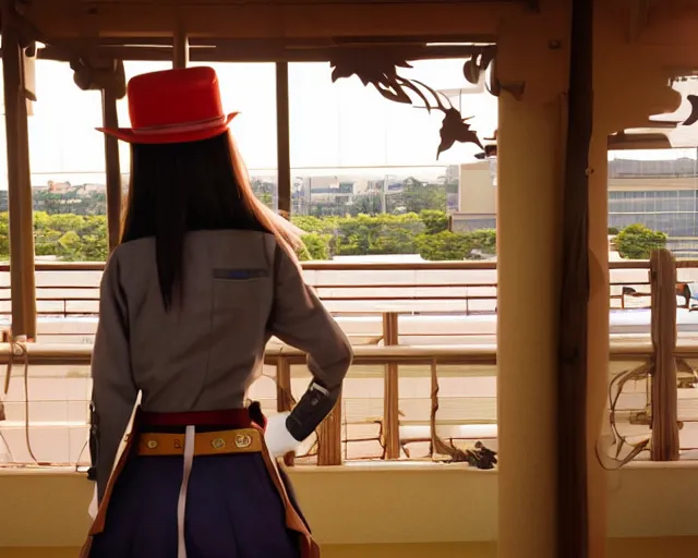 Image similar to anime cowgirl looking towards the sunset, Kyoto Animation Studio