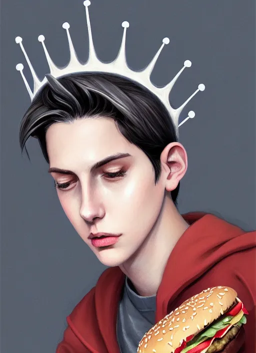 Image similar to portrait of teenage jughead jones wearing a light grey crown, crown, hamburger background, eyes closed, crown, black hair, intricate, elegant, glowing lights, warm lighting, highly detailed, digital painting, artstation, concept art, smooth, sharp focus, illustration, art by wlop, mars ravelo and greg rutkowski