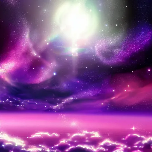 Image similar to anime style hd wallpaper of outer space horizon, glittering stars scattered about, lavender and pink colors