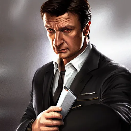 Image similar to Nathan Fillion as James Bond in Goldeneye, D&D, muscular, fantasy, intricate, elegant, highly detailed, digital painting, artstation, concept art, smooth, sharp focus, illustration, art by artgerm and greg rutkowski and alphonse much