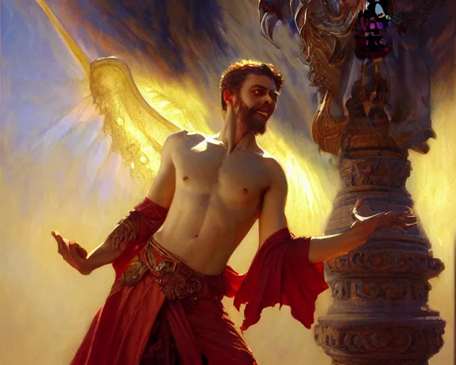 Image similar to attractive demonic male deity, casting magic, summoning handsome lucifer morning star. highly detailed painting by gaston bussiere, craig mullins, j. c. leyendecker 8 k