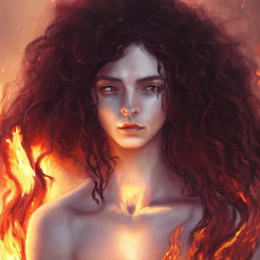 Image similar to character design, medieval, a woman with long dark curly hair and white eyes, theres a fire behind her, stoic, brown skin, alone dramatic, epic painting, painted by wlop and nixeu, cgsociety, beautiful, semirealism, artbreeder, artstation, volumetric light, octane render, sharpness, 8 k, golden ratio