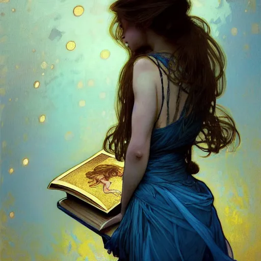 Image similar to A girl in a blue dress standing over a pile of books with golden locks down her back and a black cat at her feet, face, fantasy, intricate, elegant, highly detailed, digital painting, artstation, concept art, smooth, sharp focus, illustration, art by Krenz Cushart and Artem Demura and alphonse mucha