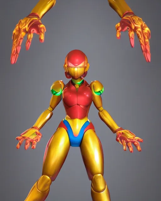 Prompt: full body 3d render of metroid samus aran as a joy toy, studio lighting, white background, blender, trending on artstation, 8k, highly detailed