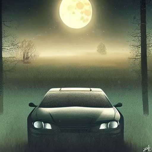 Image similar to Stunning Digital Art of Horrifyingly devastated man and woman hiding inside of a car while a werewolf howls at the moon outside by Stefan Koidl