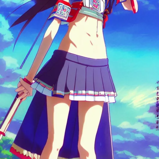 Image similar to a beautiful boyish zelda alluring gravure model, wearing japanese school girl outfit with mayan pattern and native style, modern aztec street fashion, perfect anime face, gapmoe yandere grimdark, trending on pixiv fanbox, painted by greg rutkowski makoto shinkai takashi takeuchi studio ghibli, akihiko yoshida