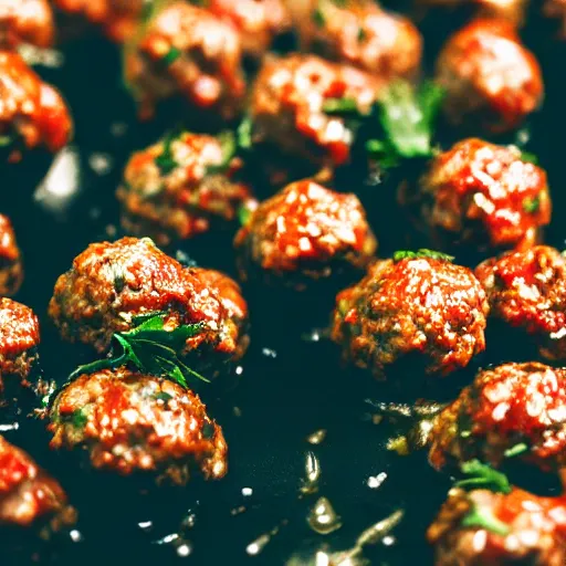 Prompt: raining meatballs, professional photography