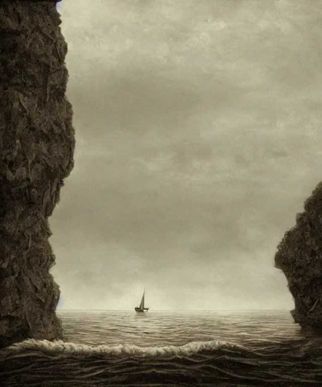 Image similar to photorealistic sepia painting of a 1 9 2 5 bay boat sailing near a jamaican cliff with the mouth of a sea cave at the waterline, dark, brooding, atmospheric, lovecraft, horror, smooth, epic, highly detailed, cinematic