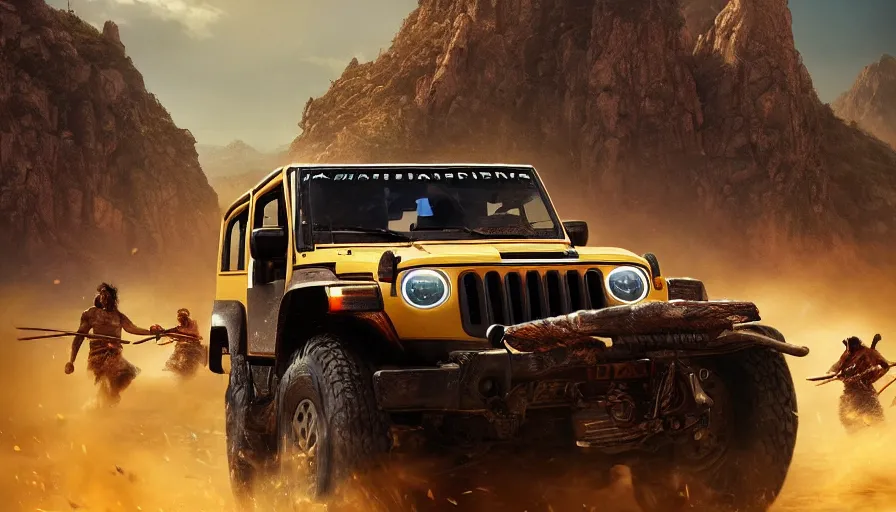 Prompt: mahindra thar, tribe members attacking, action scene, an epic fantasy, dramatic lighting, cinematic, establishing shot, extremely high detail, photorealistic, cinematic lighting, artstation, by christopher nolan, asphalt 9