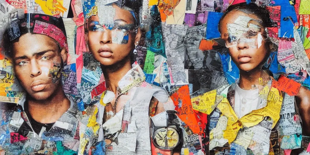 Prompt: 9 0 s hip - hop fashion, collage paper and tape, acrylic on canvas and hyperrealism mixed with collage, high resolution, cinematic, unreal 6, breathtaking detailed, by peter bankov