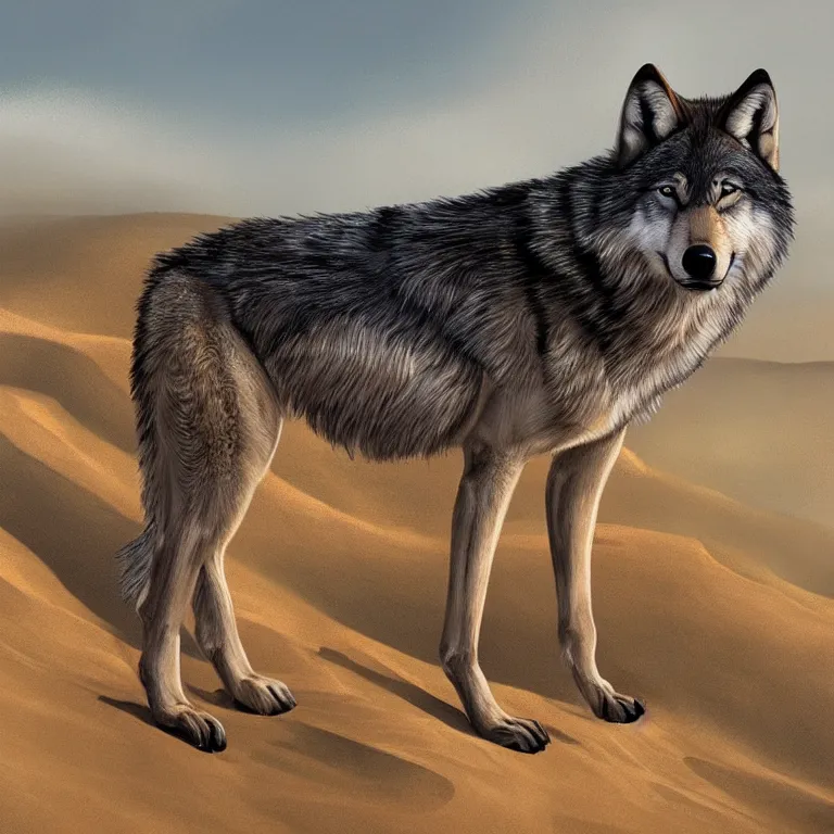Image similar to Majestic wolf in a sand dune on the heath. Rough brushstrokes. Beautiful detailed scene. Interesting natural colour scheme. Beautiful digital painting by Lurid (2022)