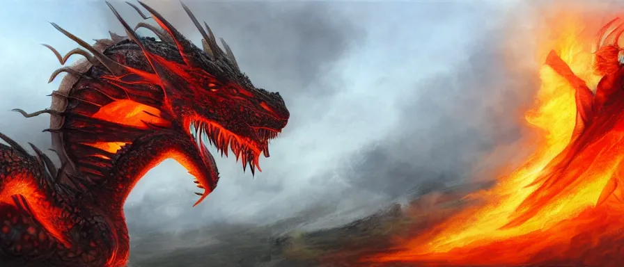 Image similar to a dragon is on fire, full body portrait, detailed matte painting, face enhance, trending on artstation, by Alan Lee, cinematic, full of color