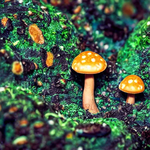Image similar to macro photo with a mushroom character with cute eyes and mycelium, very close to real nature, natural colors and natural surroundings, painted patterns and coloring on mushrooms, 8K, highly detailed