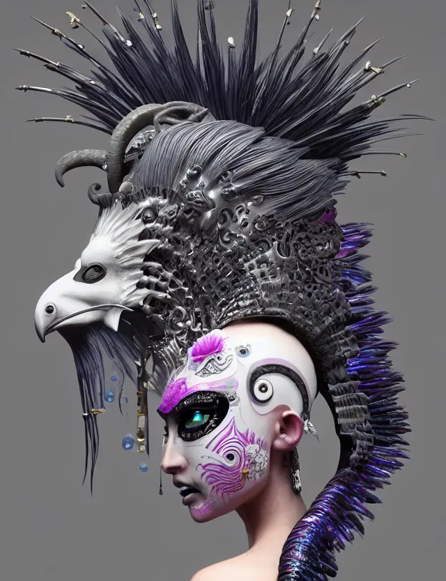 Image similar to 3 d goddess close - up profile portrait punk with mohawk with ram skull. beautiful intricately detailed japanese crow kitsune mask and clasical japanese kimono. betta fish, jellyfish phoenix, bio luminescent, plasma, ice, water, wind, creature, artwork by tooth wu and wlop and beeple and greg rutkowski