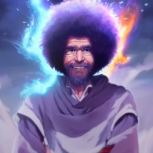 Image similar to anime portrait of Bob Ross as a shaman yedi using dark force to eliminate trump as an anime antagonist by Stanley Artgerm Lau, WLOP, Rossdraws, James Jean, Andrei Riabovitchev, Marc Simonetti, and Sakimichan, trending on artstation