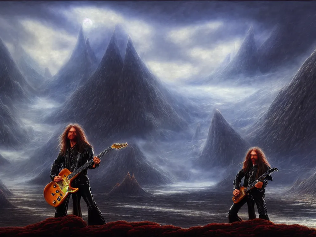 Image similar to long - haired man in leather jacket playing the most amazing electric guitar, epic landscape, fantasy concept art, john howe, 4 k