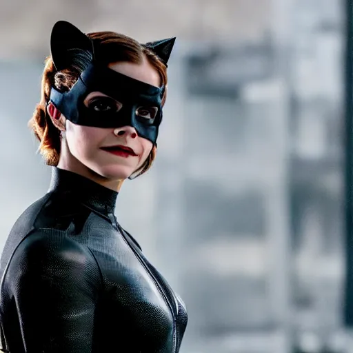 Image similar to Emma Watson as Catwoman, Fujifilm X-T3, 1/1250s at f/2.8, ISO 160, 84mm, 8K, RAW, symmetrical balance, Dolby Vision, HDR, Gigapixel