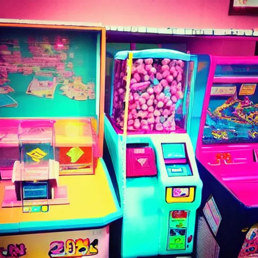 Image similar to “winning a crane game machine Pink blue yellow white pastels”