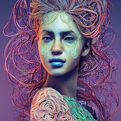 Image similar to the portrait of an unbelievably beautiful woman partially made of onions of all colors, an ultrafine detailed illustration by james jean, final fantasy, intricate linework, bright colors, behance contest winner, vanitas, angular, altermodern, unreal engine 5 highly rendered, global illumination, radiant light, detailed and intricate environment