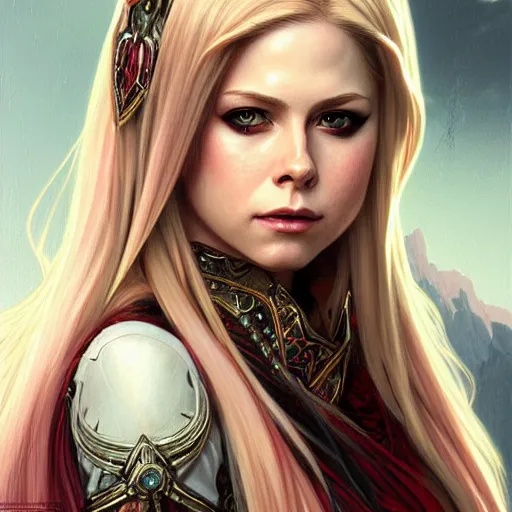 Image similar to Avril Lavigne as a Blood Elf, western, D&D, fantasy, intricate, elegant, highly detailed, digital painting, artstation, concept art, matte, sharp focus, illustration, art by Artgerm and Greg Rutkowski and Alphonse Mucha