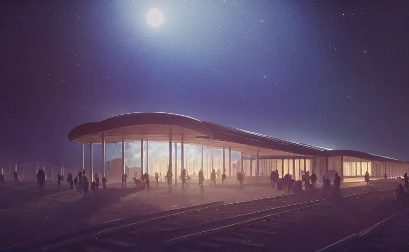 Image similar to exterior shot of utopian train station on in the middle of galaxy with cinematic lighting by peter zumthor and renzo piano, darek zabrocki and greg ruthkowski, simon stalenhag, cinematic, holy place, paradise, scifi, futurism, atmospheric, concept art, artstation, trending on artstation