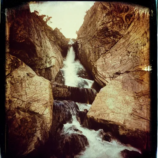 Image similar to a deep dark vertical shaft with rushing water, creepy, eerie, unsettling, terrifying, jagged rocks, dark, old polaroid, expired film,