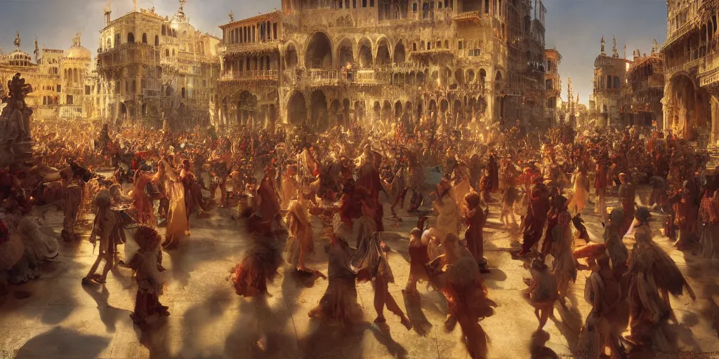 Image similar to Renaissance Venice in summer, fantasy, festivities, dancing people in the crowd, Matte Painting, evening, Craig Mullins