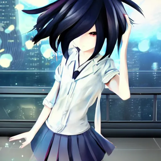 Image similar to luxury advertisement, astonishing artwork of a very beautiful dancing anime schoolgirl with black bob hair in style of cytus and deemo, full perfect face, she is dancing, set in Half-life. Realistic, highly detailed background, Pixiv, 120 degree view, drawn by Sasoura, Satchely and Akihiko Yoshida, no distortion