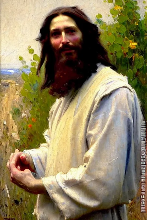 Image similar to impressionist brushstrokes!!!!!!!!! solomon joseph solomon and richard schmid and jeremy lipking victorian loose genre loose painting full length portrait painting of jesus with a slight smile happy inviting