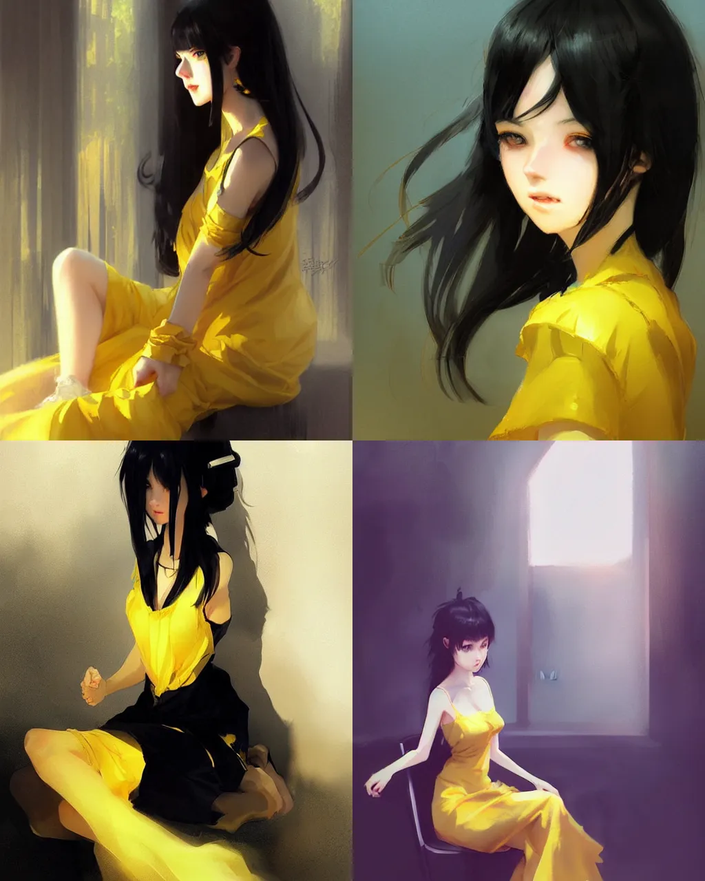 Prompt: ggirl with black hair and yellow dress, half - length photo, illustration, perfectly shaded, atmospheric lighting, by wenjun lin an krenz cushart