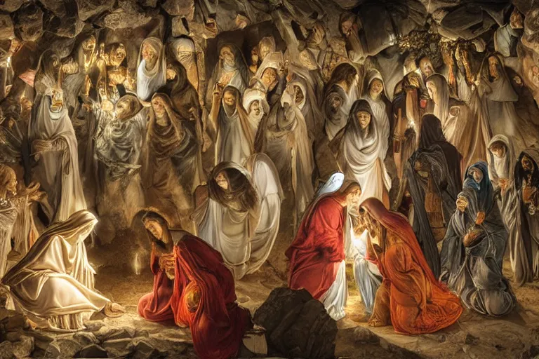 Image similar to inside the tomb of jesus, dark scene, light coming in from the left, small steps leading down, 3 marys crouching in colored robes at the tomb | medium close | fibonacci composition, by artgerm, sophie anderson, rubens